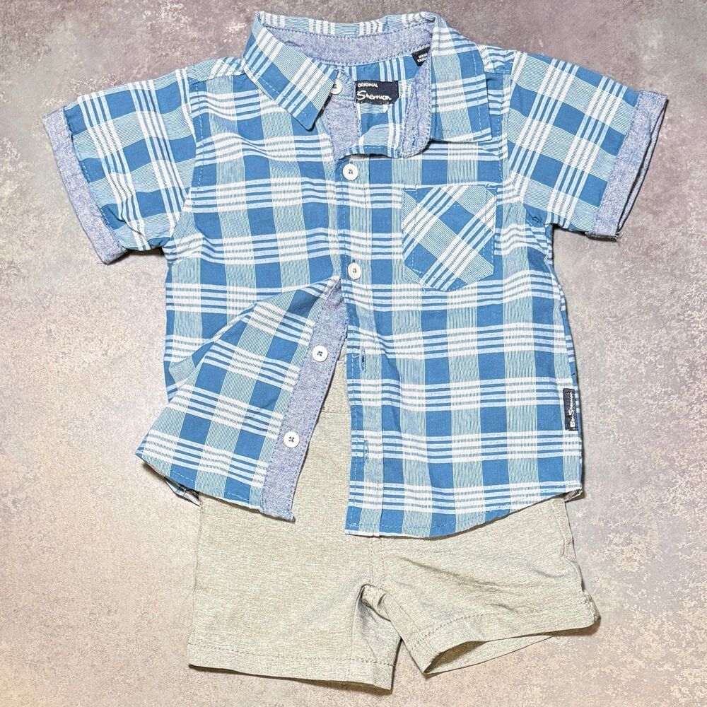 Ben Sherman Plaid Shirt Cat & Jack Shorts Set 12M Blue Summer Outfit